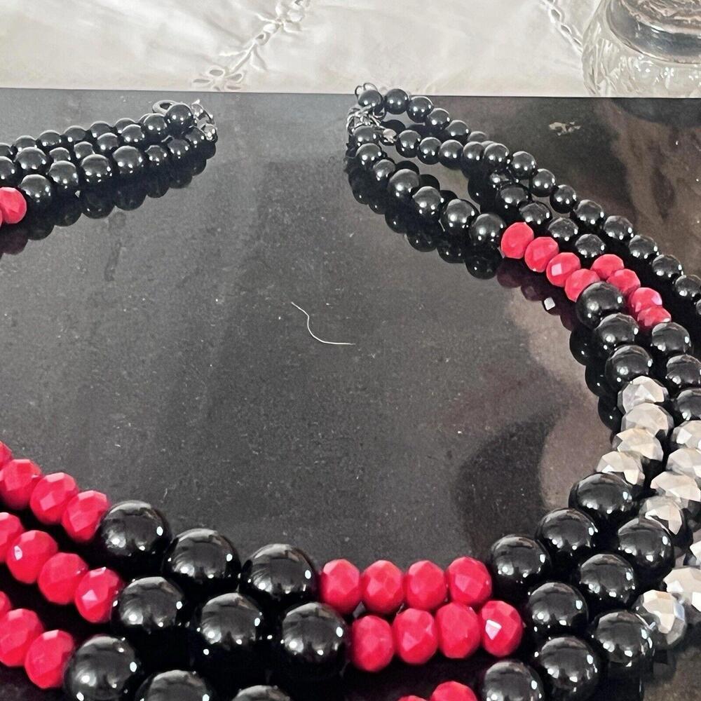 Vintage Multi Strand Red Black &‎ Silver Faceted Bead Necklace jules b. Tag